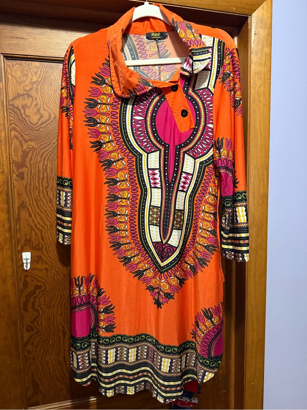 Bright Orange Dashiki-Print Long Sleeve Women's Dress
